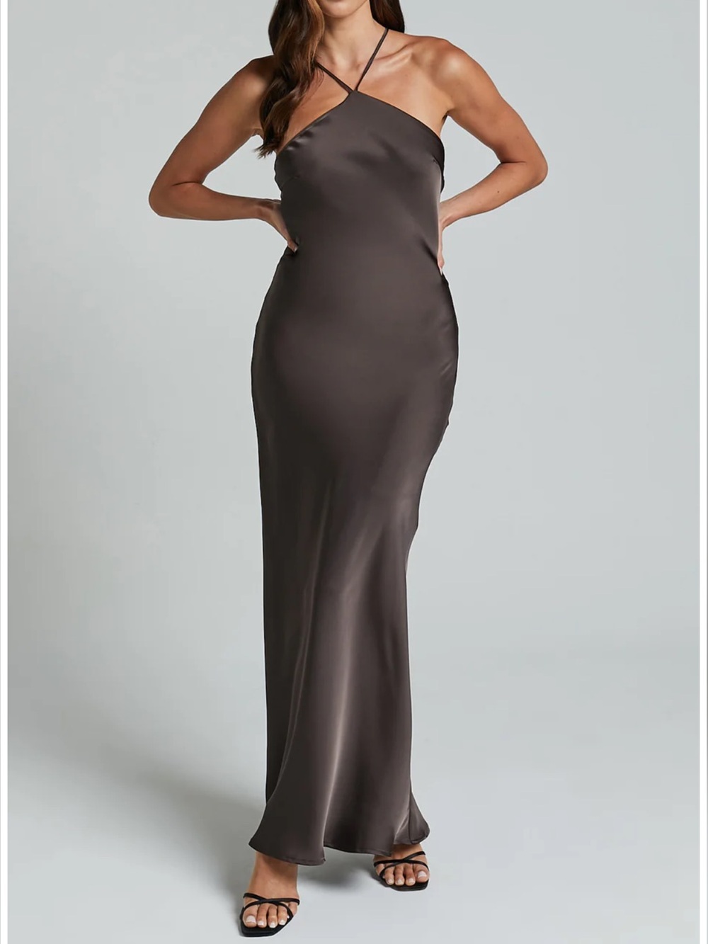 Showpo Brown Satin Asymmetric Slip Dress